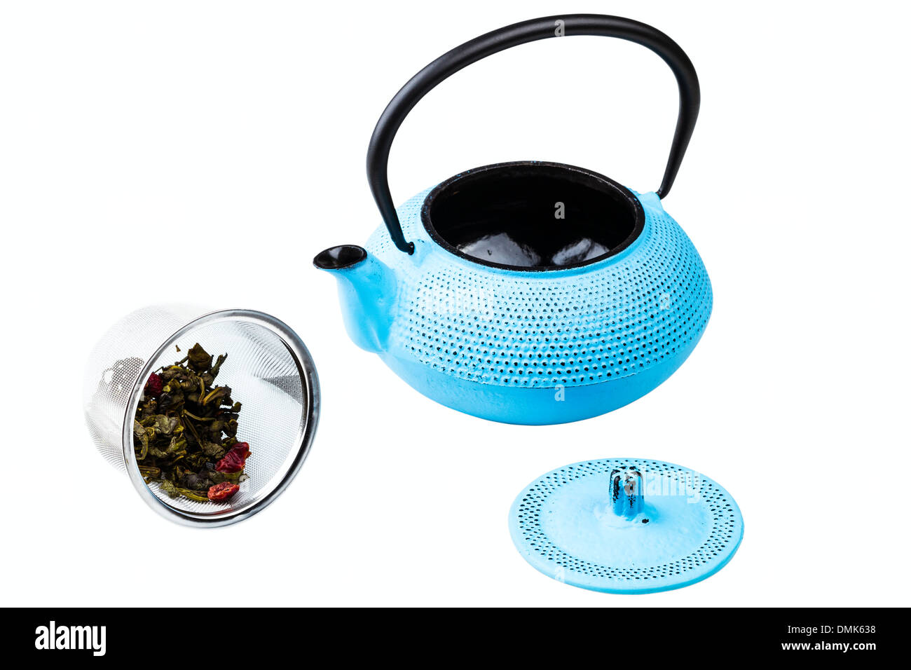 blue pigiron teapot and stainlesssteel infuser with green tea