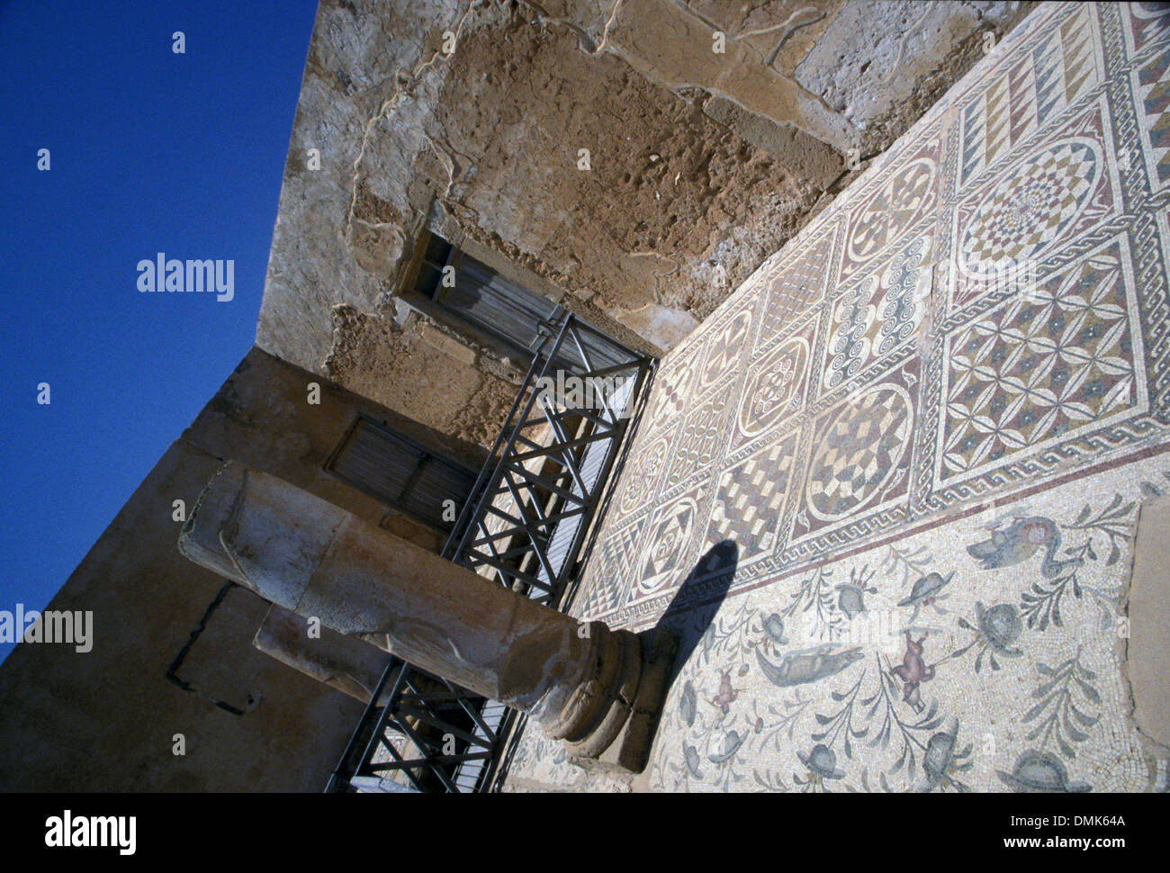 Ancient mosaics, Roman Villa Silini, Villa Sileen, Leptis Magna Libya Stock Photo