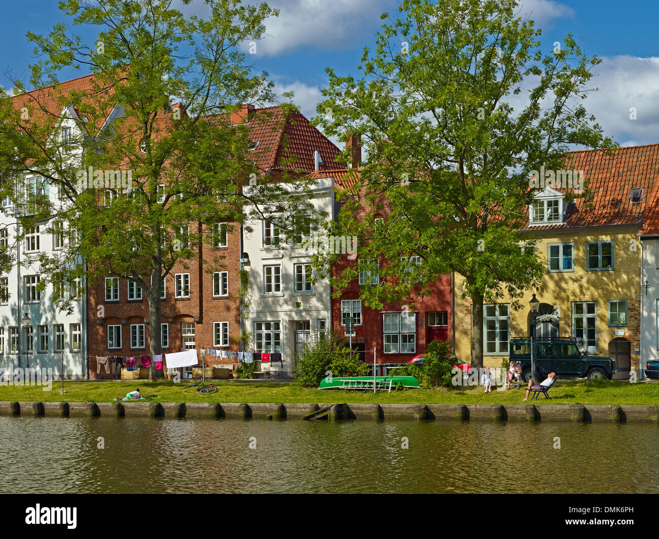 Houses at River Trave, Lübeck, SchleswigHolstein, Germany Stock Photo