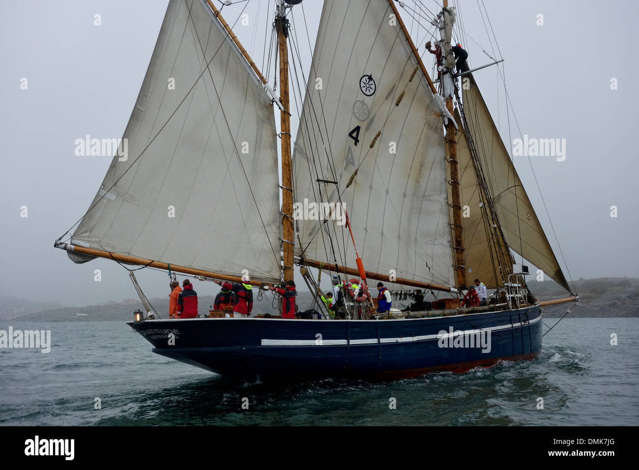 Schooner with sails on starboard tack. Stock Photo