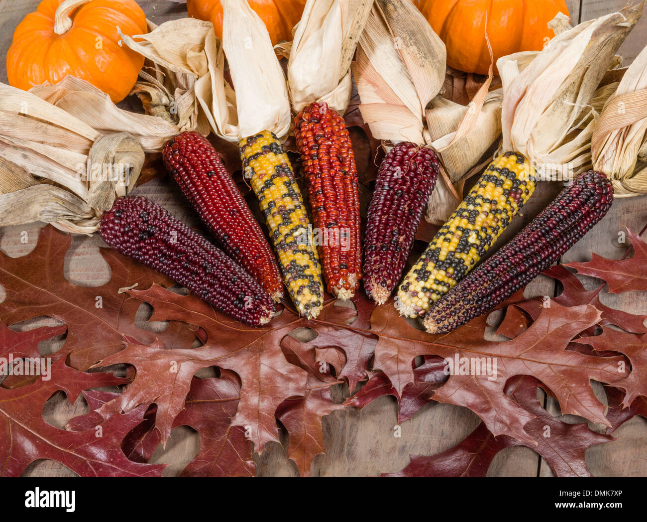 Decorative fall display with corn and leaves Stock Photo
