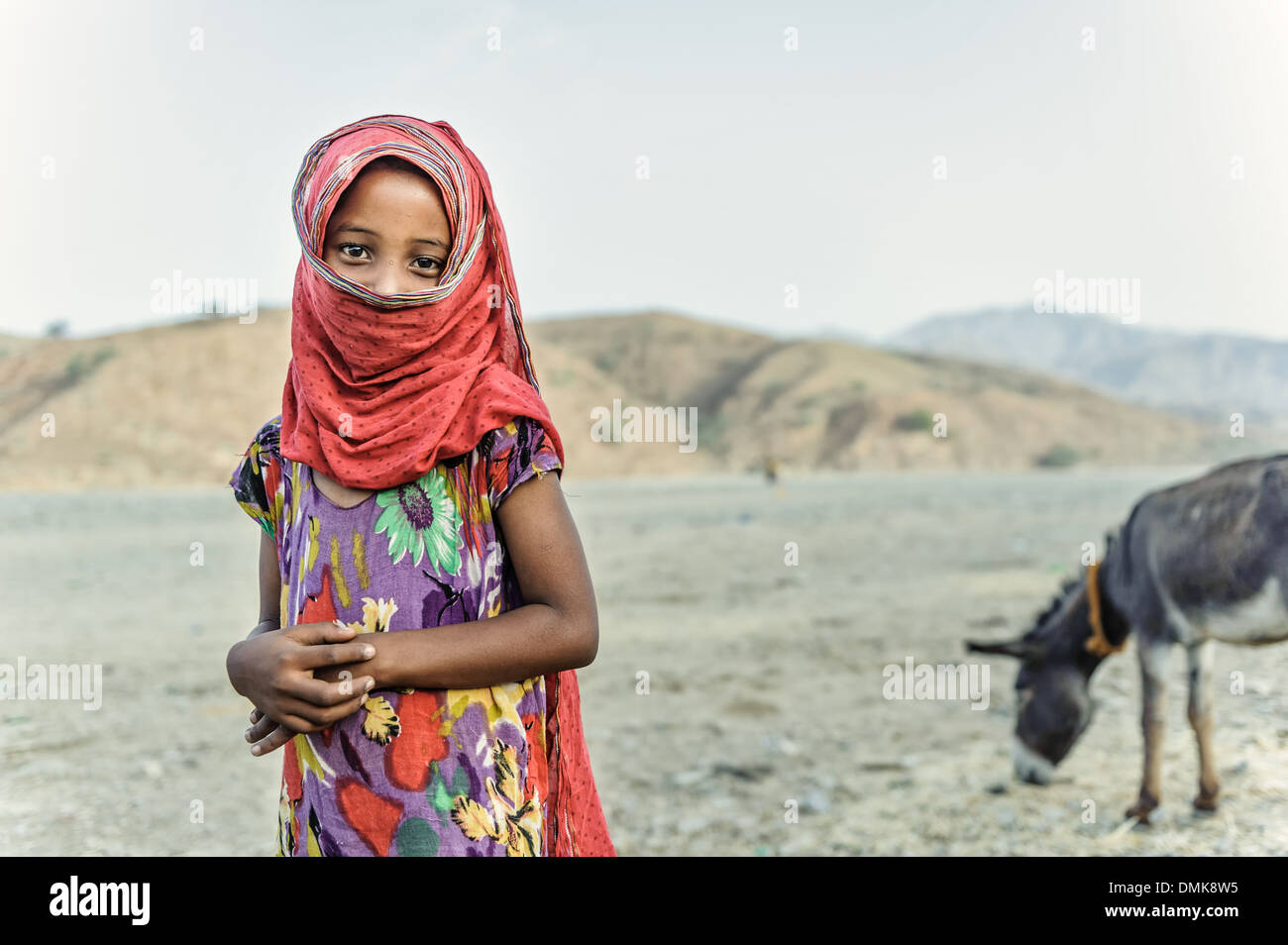 Portrait of an Afar girl and her donkey, Berhale, Ethiopia, Africa Stock Photo