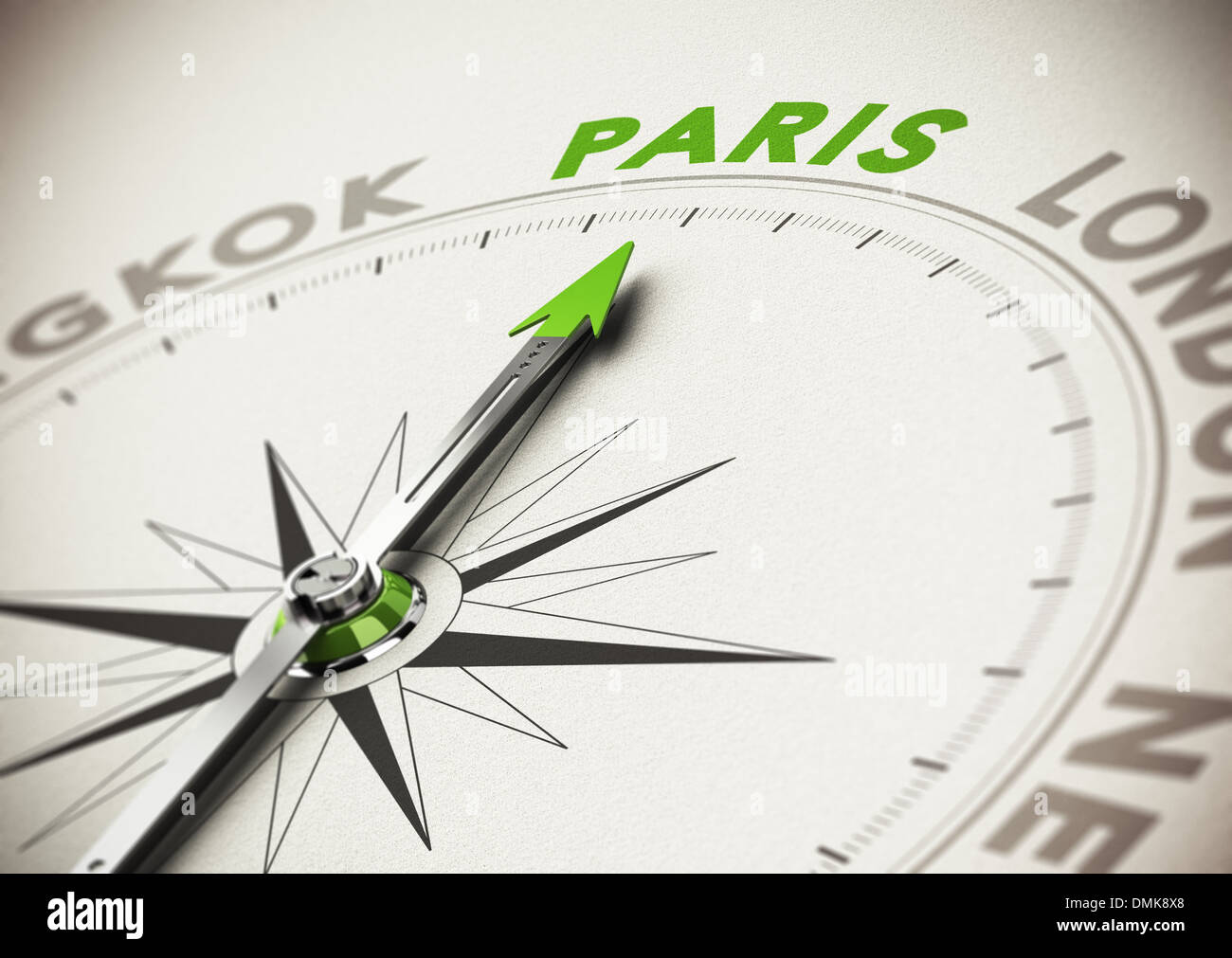 Compass needle pointing to paris, realistic 3D render with focus on the green word. Concept for choice of vacation, best places. Stock Photo