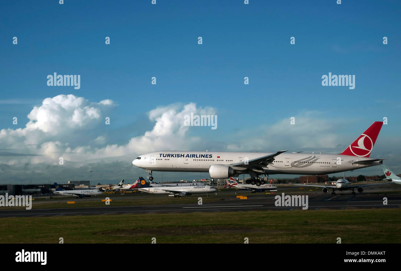 Turkish Airlines plane lands at Heathrow Airport, London, England, United Kingdom Stock Photo