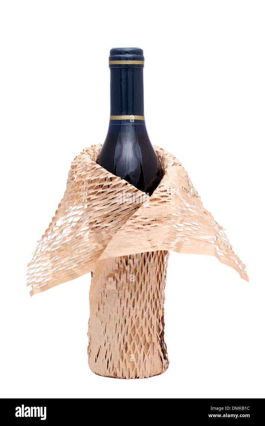 wine bottle with wrapping paper isolated on white background Stock Photo