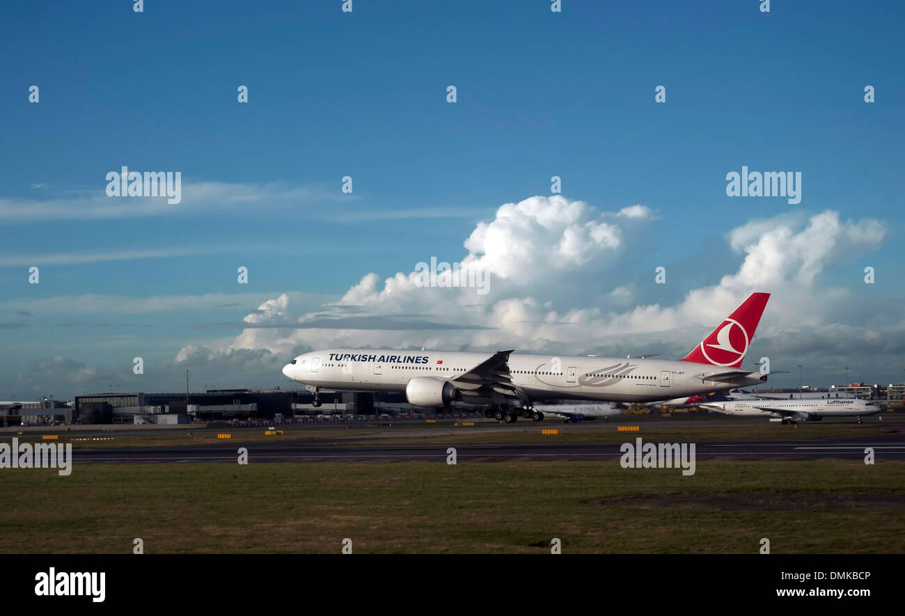 Turkish Airlines plane lands at Heathrow Airport, London, England
