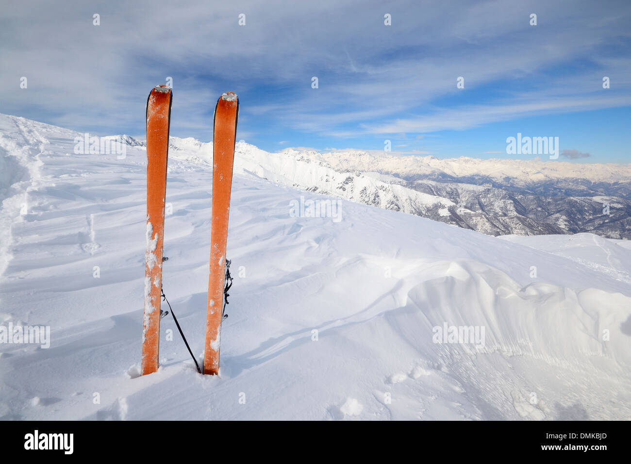 Back country ski and ski tour equipment in scenic alpine backgrounds
