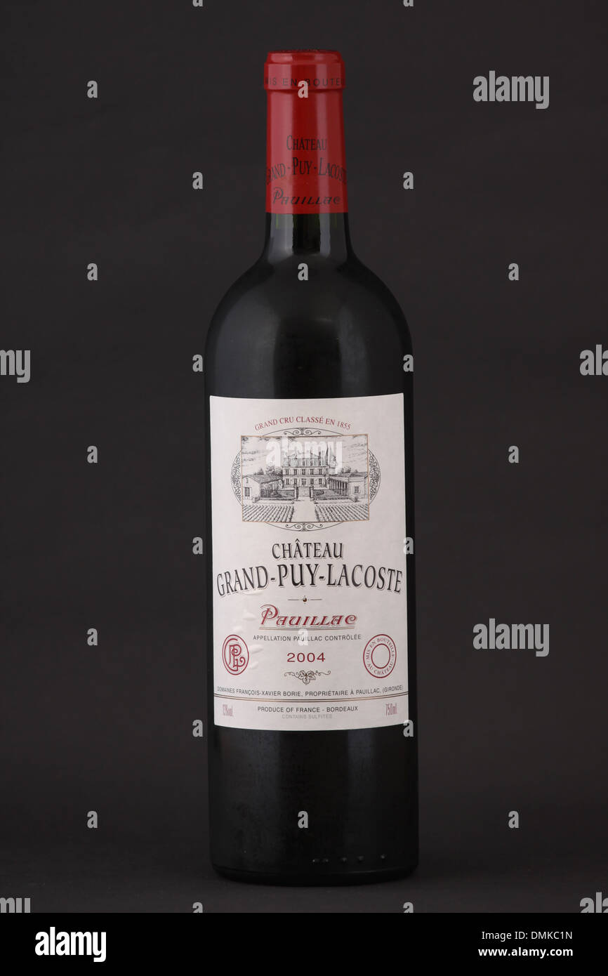 A bottle of French red wine, Chateau Grand-Puy-Lacoste 2004, Grand Cru Classe en 1855, Pauillac, Bordeaux, France Stock Photo