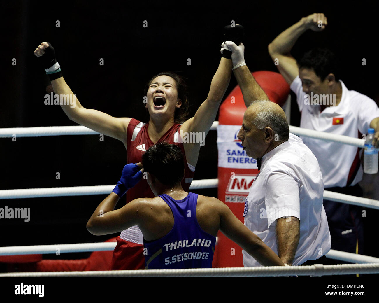 Nay Pyi Taw, Myanmar. 15th Dec, 2013. Lvv Thi Duyen (above L) of Vietnam celebrate as she won the fight against Sudaporan Sees of Thailand during the women's 60 kg boxing match of 27th SEA Games at Nay Pyi Taw's Wunna Theikdi Indoor Stadium, Myanmar, Dec. 14, 2013. Lvv Thi Duyen won the match and gold medal. Credit:  Thet Htoo/Xinhua/Alamy Live News Stock Photo
