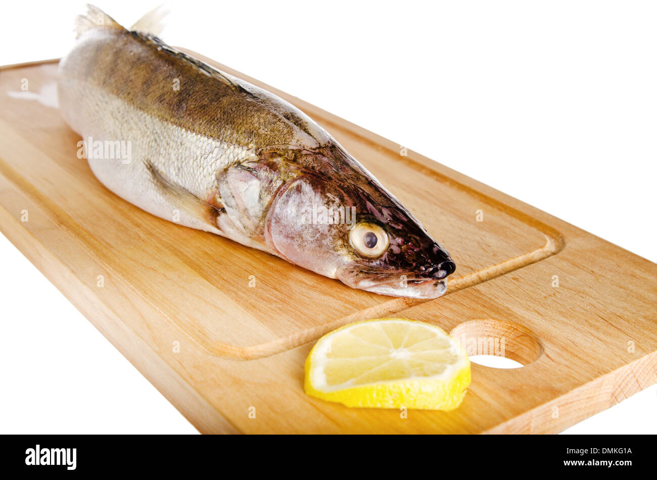 Pike perch on a wooden kitchen board, it is isolated on white Stock Photo