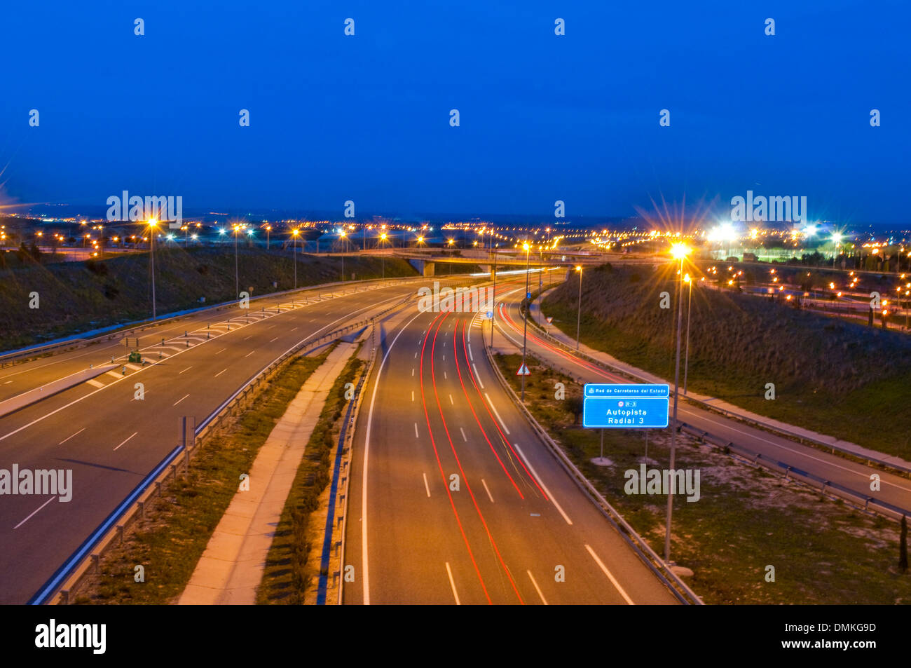 Radial 3 toll motorway, night view. Madrid, Spain. Stock Photo