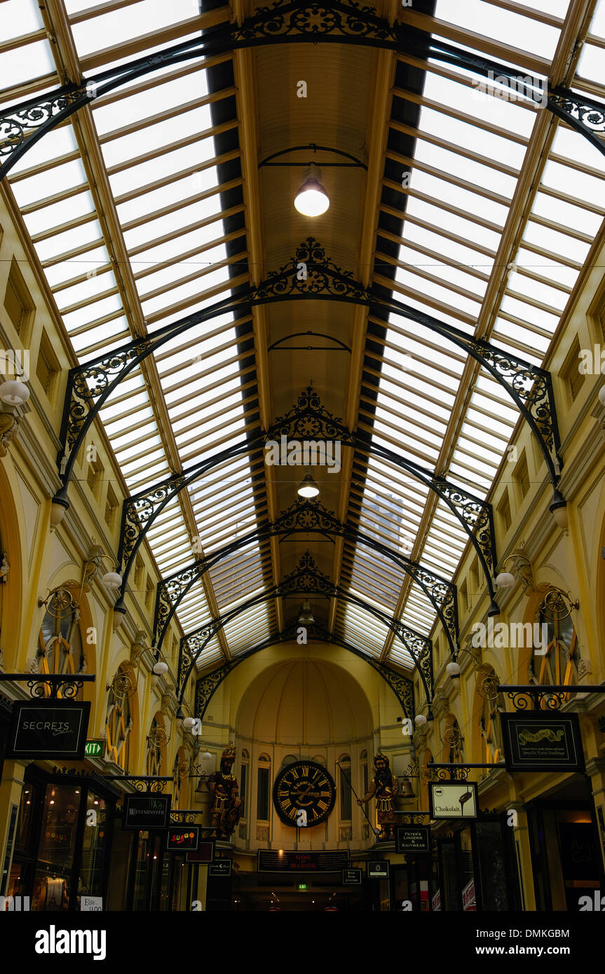 Royal Arcade, Melbourne, Australia, with statues of the mythical characters Gog and Magog at the far end. Stock Photo