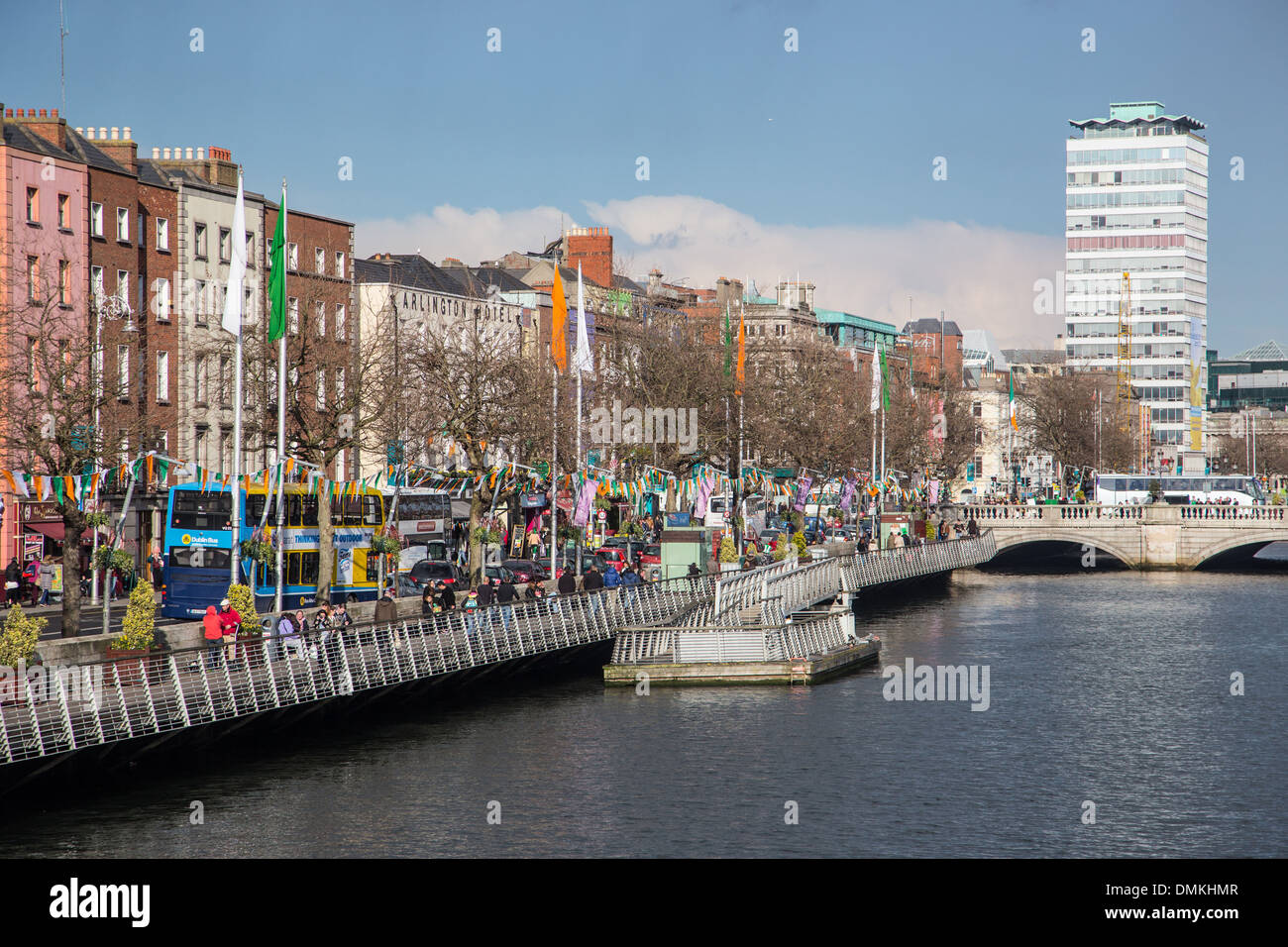 A WALK ON LOWER ORMOND QUAY ALONG THE LIFFEY, DUBLIN, IRELAND Stock