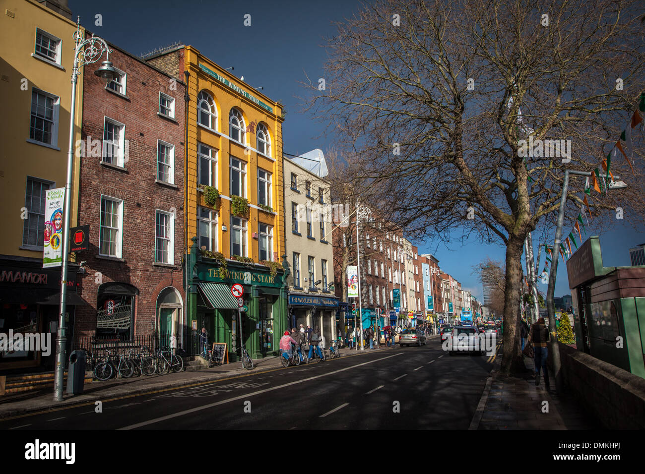 COLOURFUL BUILDINGS ON LOWER ORMOND QUAY ALONG THE LIFFEY, DUBLIN