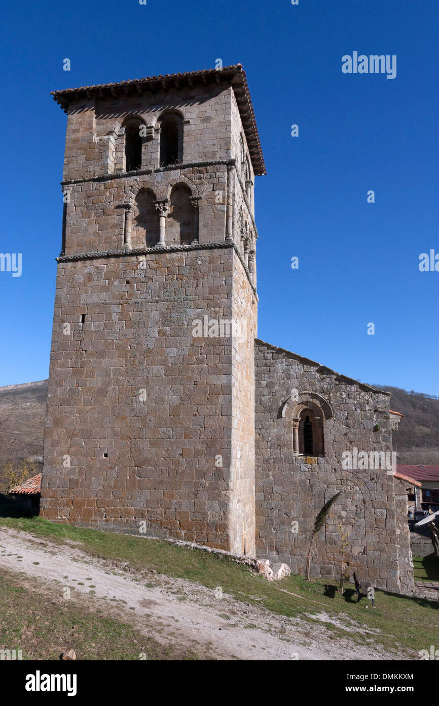 San Pedro collegiate tower, in Cervatos village, Campoo de Enmedio, Cantabria, Stock Photo