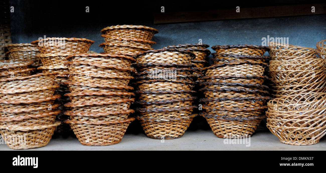 Madeira Portugal. Wicker basket souvenirs in a wicker factory shop in