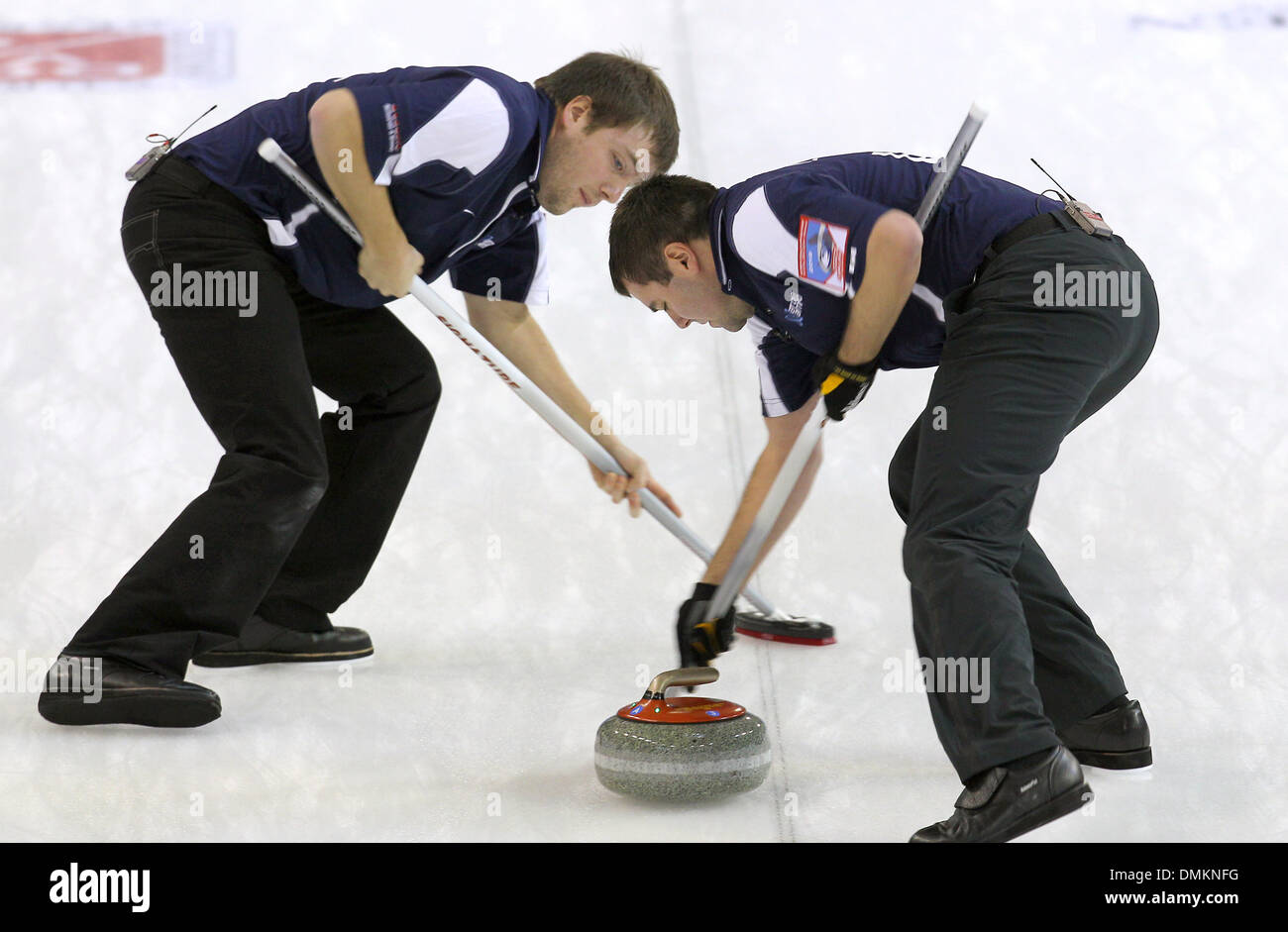 Fuessen, Germany. 15th Dec, 2013. The US curler Jared Zezel (L) and John Landsteiner during the game against Czechia for the qualification for the olympics at the Arena in Fuessen, Germany, 15 December 2013. Photo: Karl-Josef Hildenbrand/dpa/Alamy Live News Stock Photo