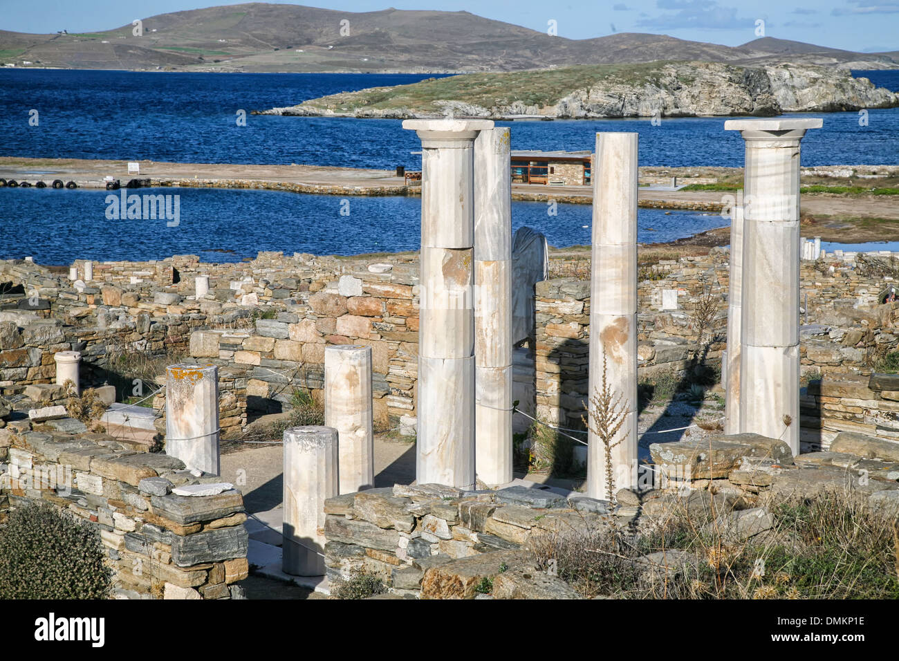 View overlooking 'Cleopatra's House' and the ruins of Delos, the historic Greek island. Stock Photo