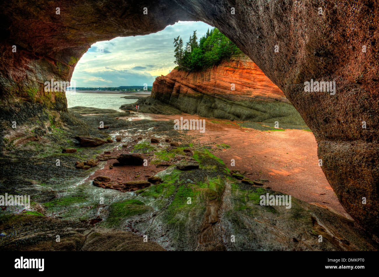 HDR image of caves and coastal features at low tide of the Bay of Fundy at St. Martins, New Brunswick, Canada. Stock Photo