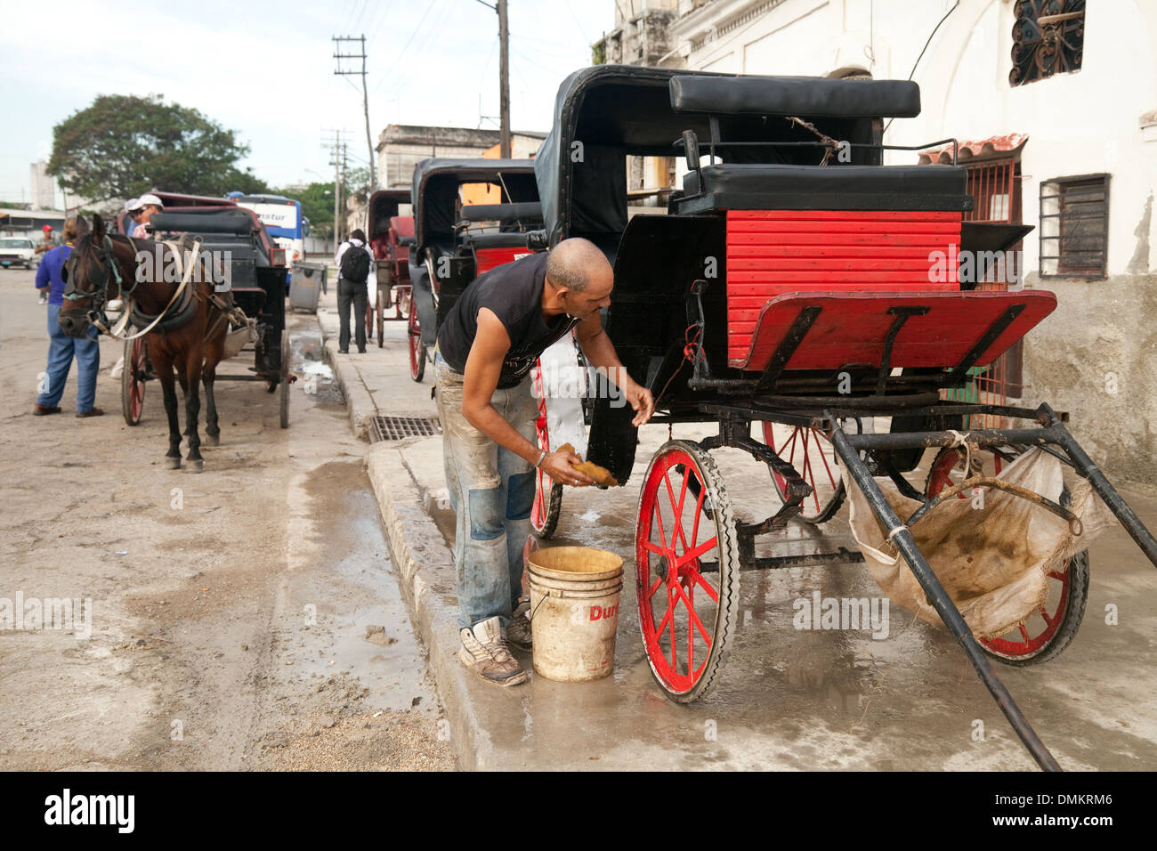 Horse and carriage driver washing down his carriage before work, Havana, Cuba Caribbean, Latin America Stock Photo