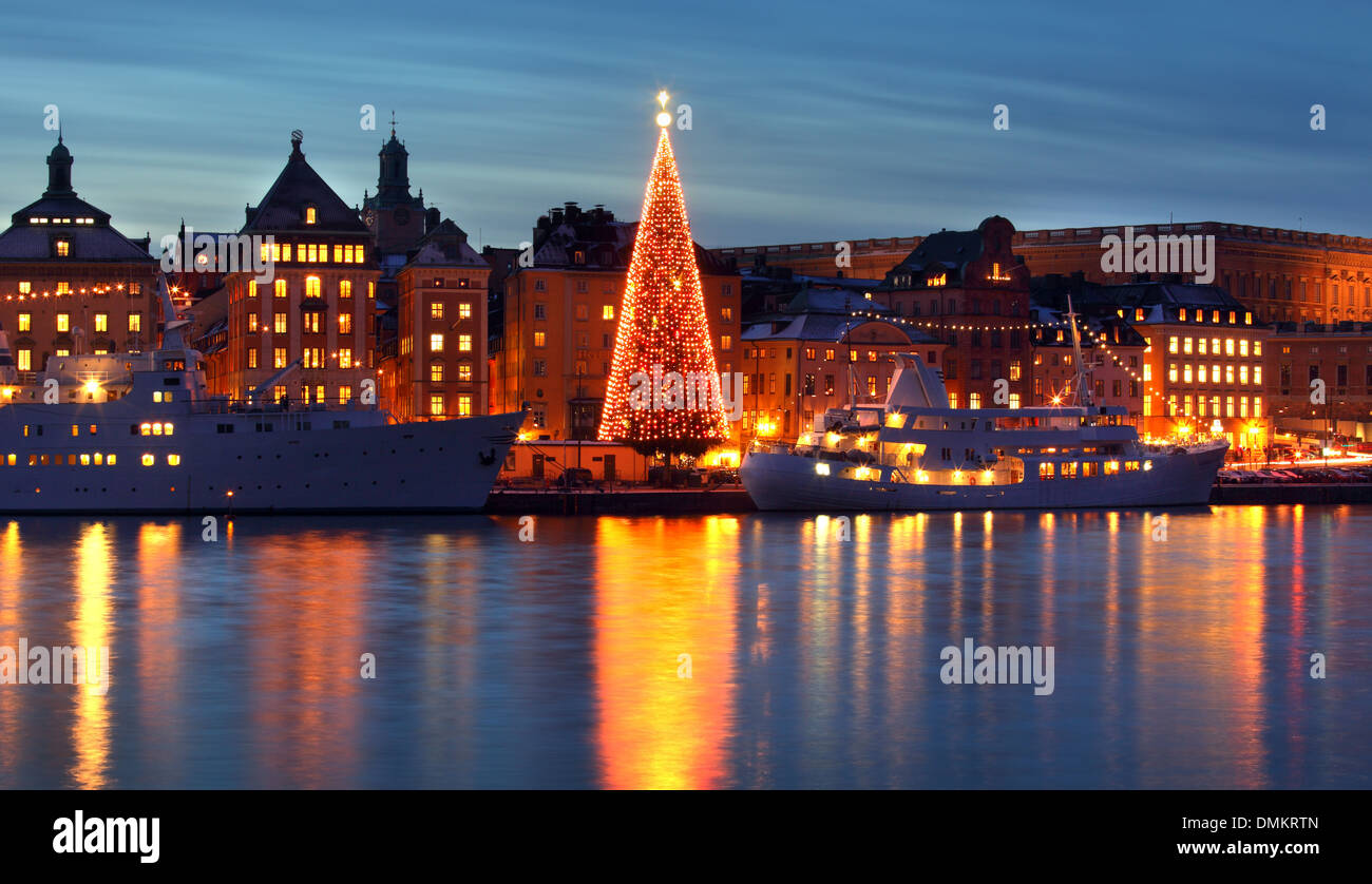 Stockholms old city with christmas tree Stock Photo
