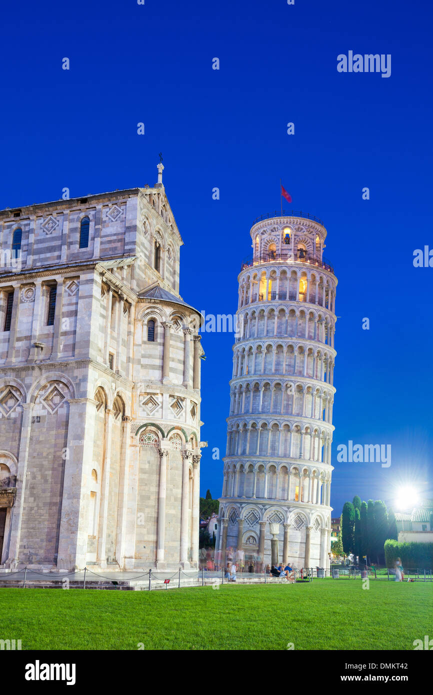 Pisa, Piazza del Duomo, with the Basilica leaning tower at dawn, Italy Stock Photo