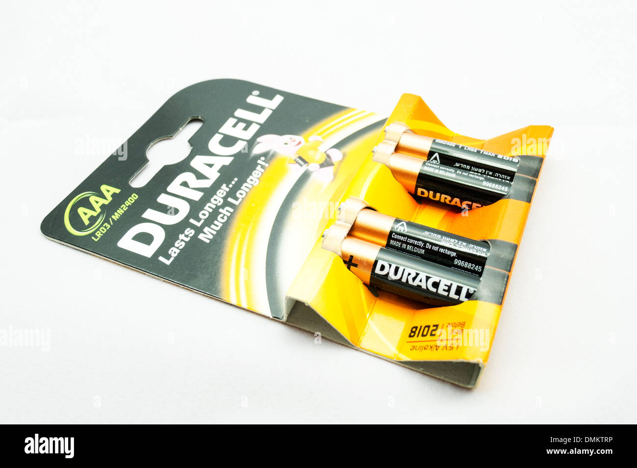 Duracell Plus batteries isolated on white background 4 cells AAA size new  in packet Stock Photo - Alamy