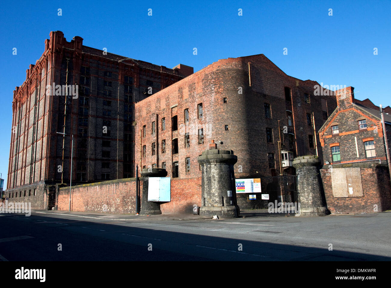 the tobacco warehouse liverpool South Warehouse (1852-55) and Stanley Dock Tobacco Warehouse (1901) (left),  Regent Road, Liverpool, Merseyside, England, UK Stock Photo