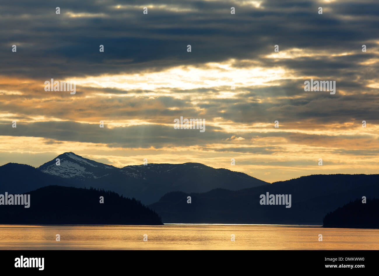 Sunset over Stikine Strait, Inside Passage, Southeast Alaska Stock Photo