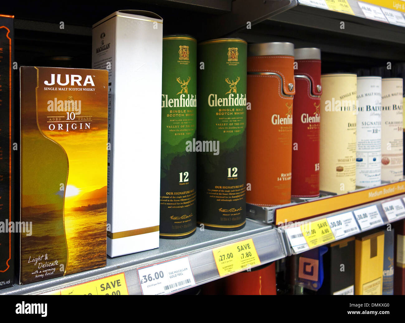 Bottles of Malt Whisky on sale in a UK supermarket Stock Photo