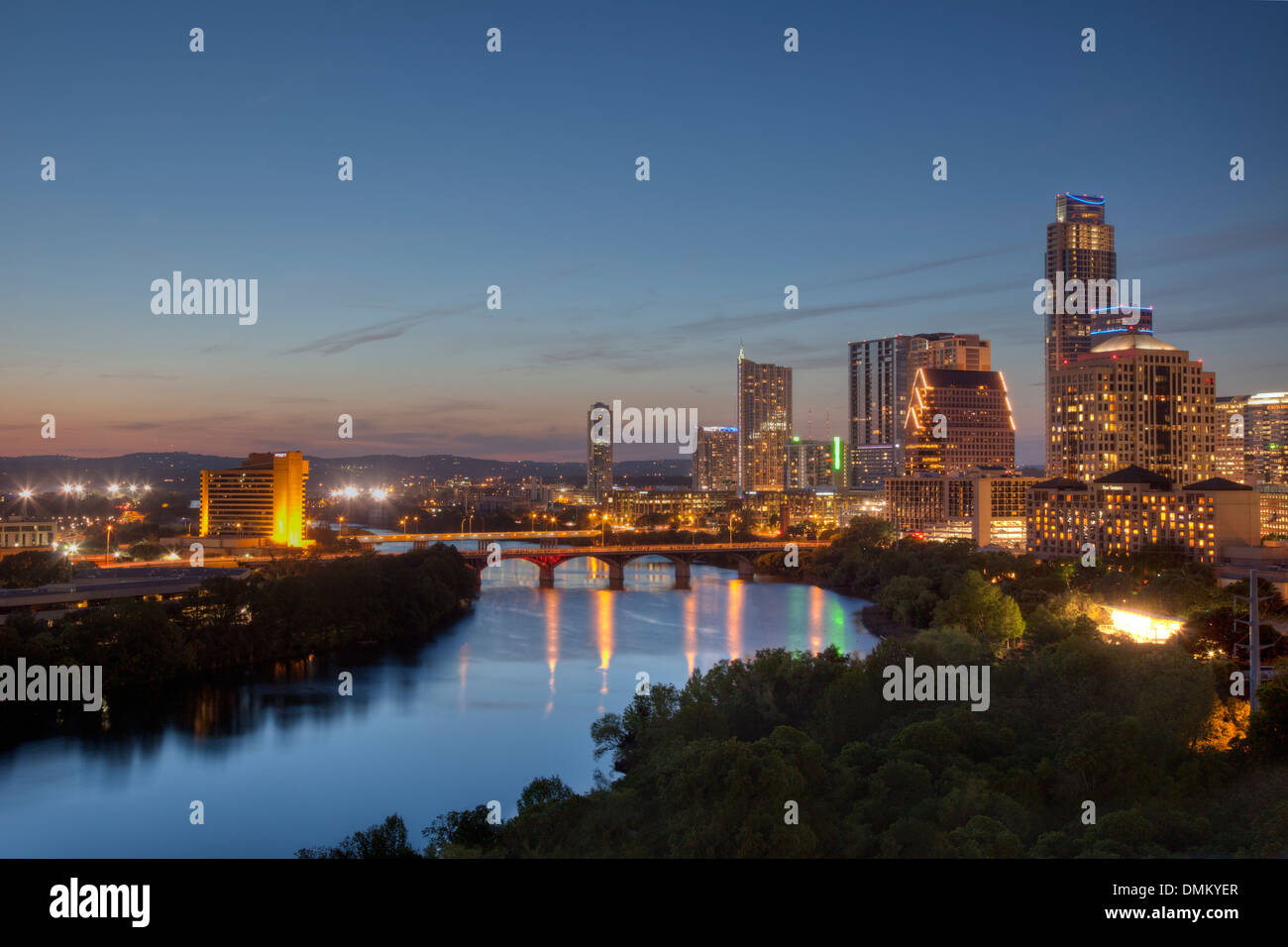 Looking down Lady Bird Lake to the west, you have a great view of the Austin Skyline and Congress Bridge. Stock Photo