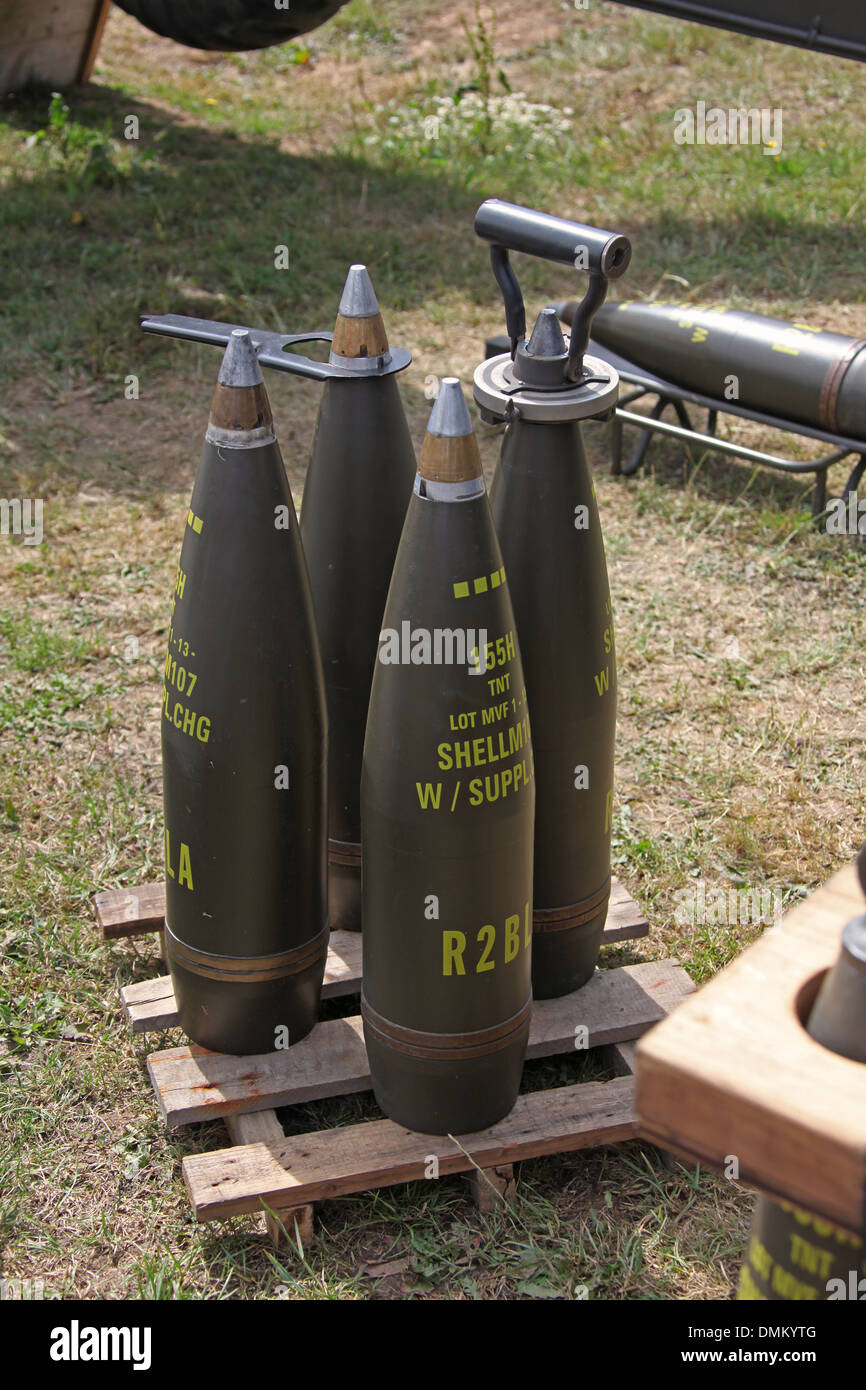 A pallet with four 155 mm Ready Fuzed Projectiles for a Howitzer. Stock Photo