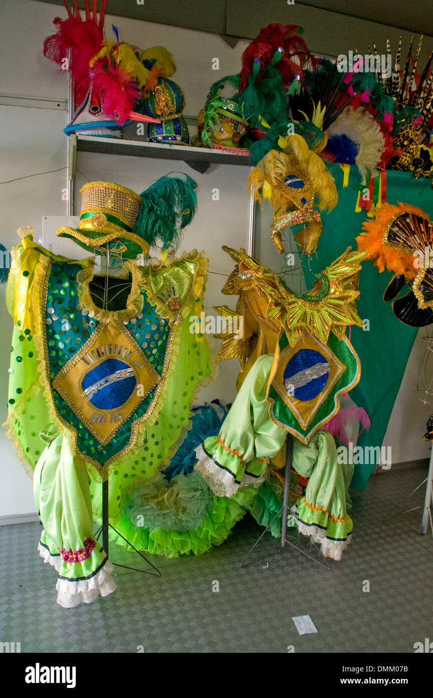 A shop selling the famous Brazilian carnival costumes and headdresses in the Sambodromo in downtown Rio de Janeiro, Brazil. Stock Photo