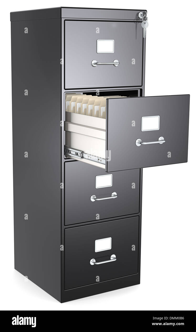 Black File Cabinet. Open drawer with files. Lock and key. Stock Photo