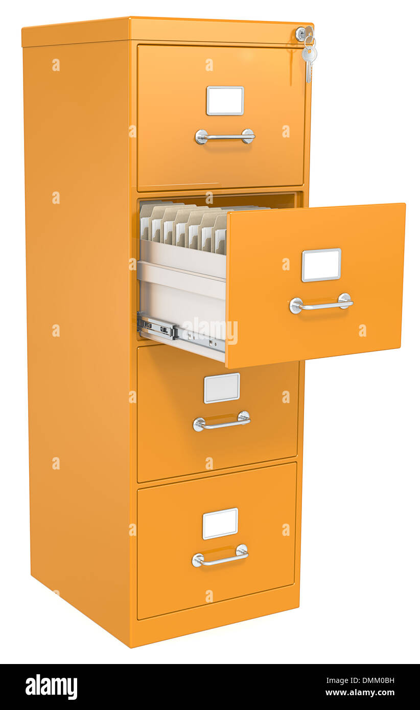 Orange File Cabinet. Open drawer with files. Lock and key. Stock Photo