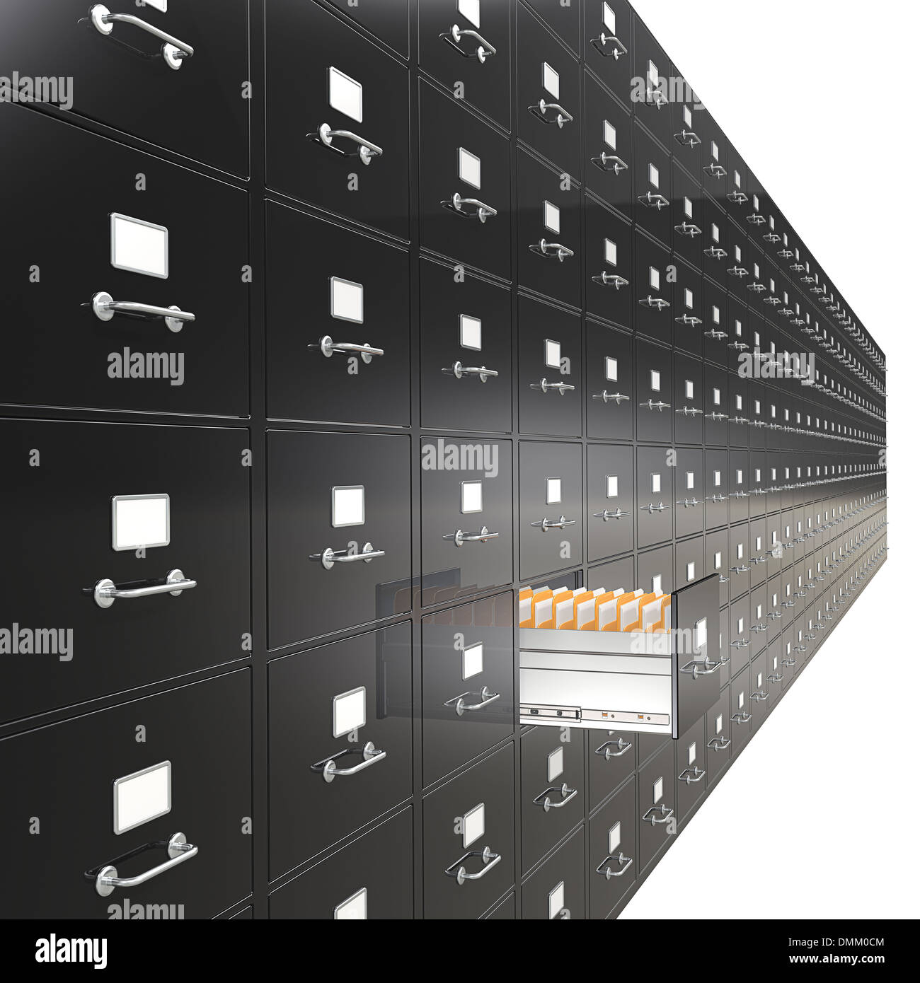 Massive wall of File Cabinets. Open drawer. Black. Stock Photo