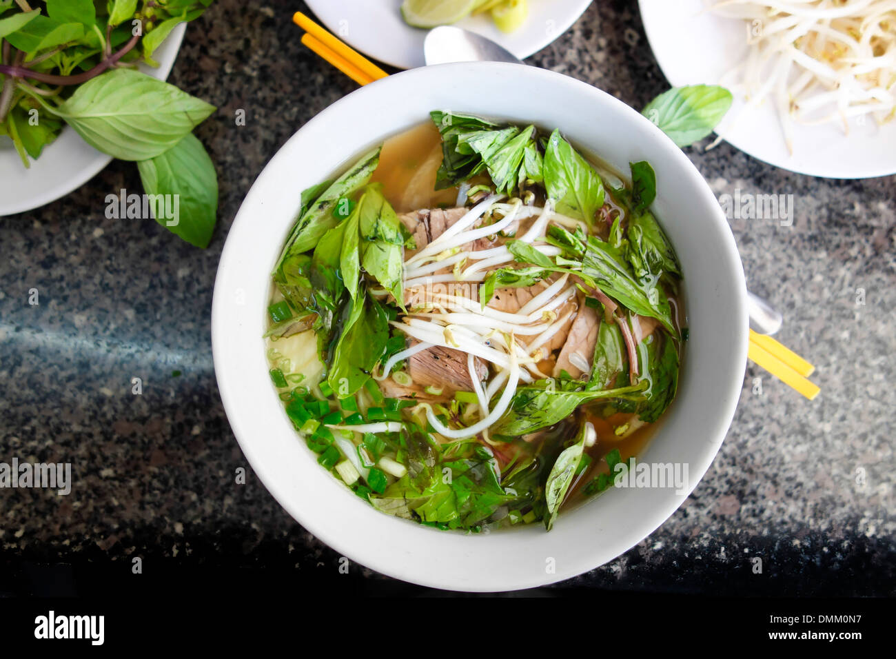 Vietnamese Spicy Sliced Beef and noodle Pho Bo Soup Stock Photo