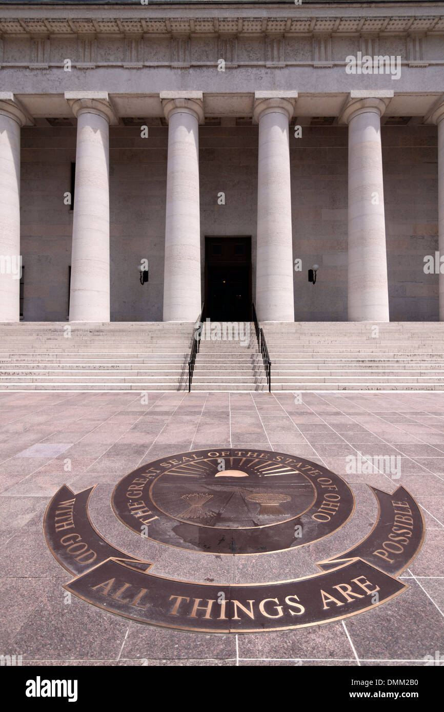 A metal inlay in front of the Ohio Statehouse that reads 'With God All Things Are Possible'. This is the Ohio state motto. Stock Photo