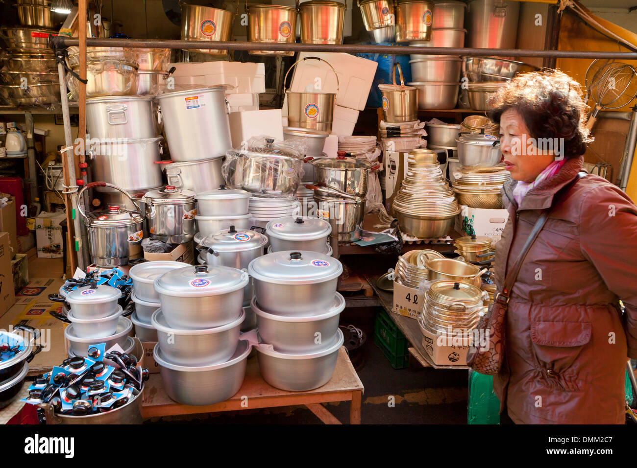 Cookware store at Jagalchi shijang (traditional outdoor market) - Busan, South Korea Stock Photo