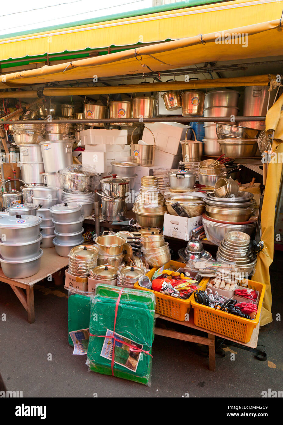 Cookware store at Jagalchi shijang (traditional outdoor market) - Busan, South Korea Stock Photo