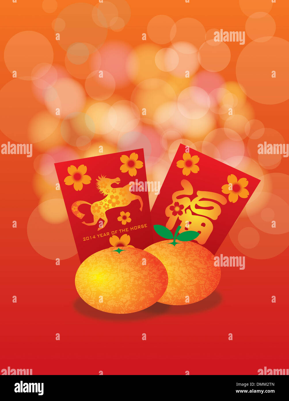 Chinese New Year with Mandarin Oranges and Good Luck Red Money Packets