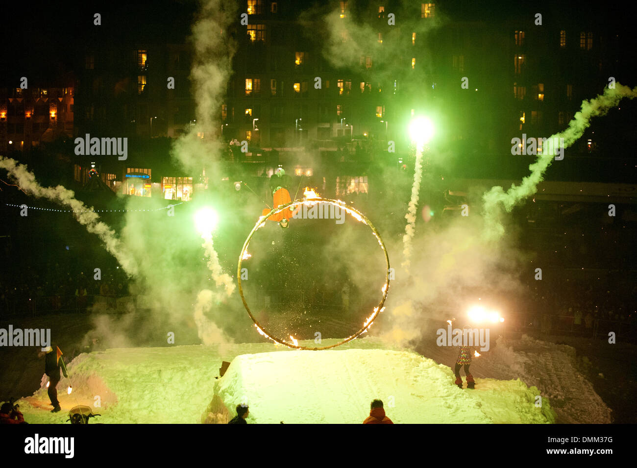 Whistler's Fire and Ice show. Skiers and Snowboarders jump