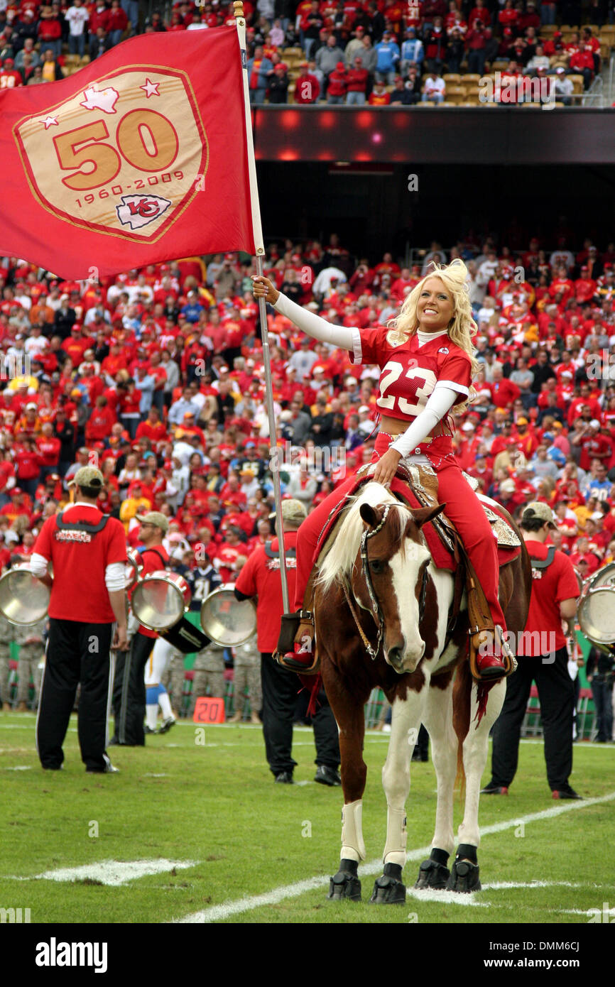25 October 2009 A Kansas City Chiefs cheerleader entertains the crowd