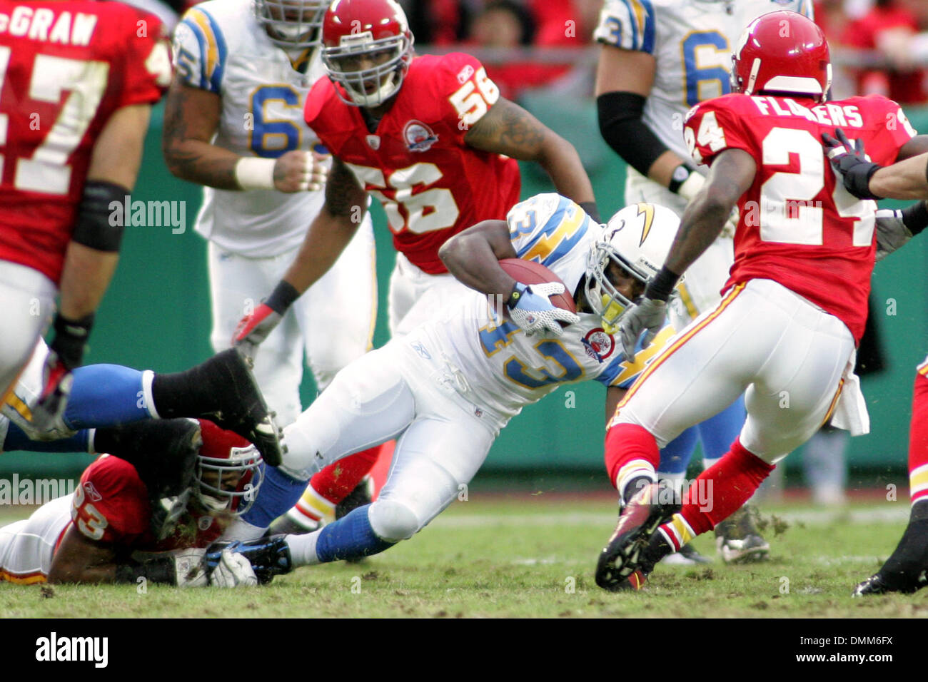 25 October 2009:  San Diego Chargers running back Darren Sproles (43) is brought down by Kansas City Chiefs cornerback Mike Richardson (23) during the Chargers 37-7 victory over the Chiefs at Arrowhead Stadium in Kansas CIty, Missouri. Mandatory Credit - Jake Paulsen / Southcreek Global Media. (Credit Image: © Southcreek Global/ZUMApress.com) Stock Photo