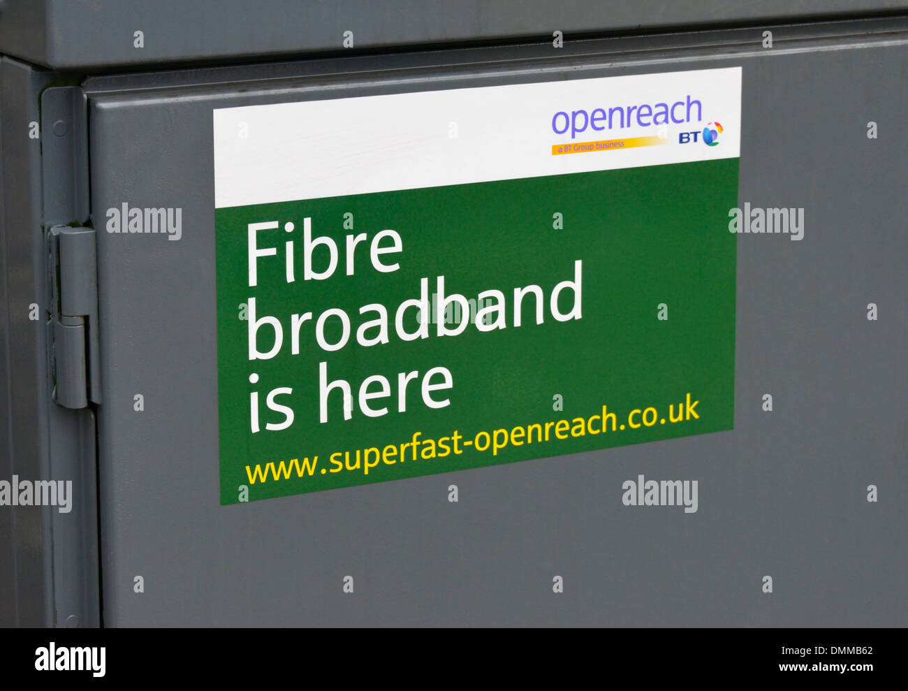 'Fibre broadband is here'. openreach a BT Group business cable cabinet. Stock Photo