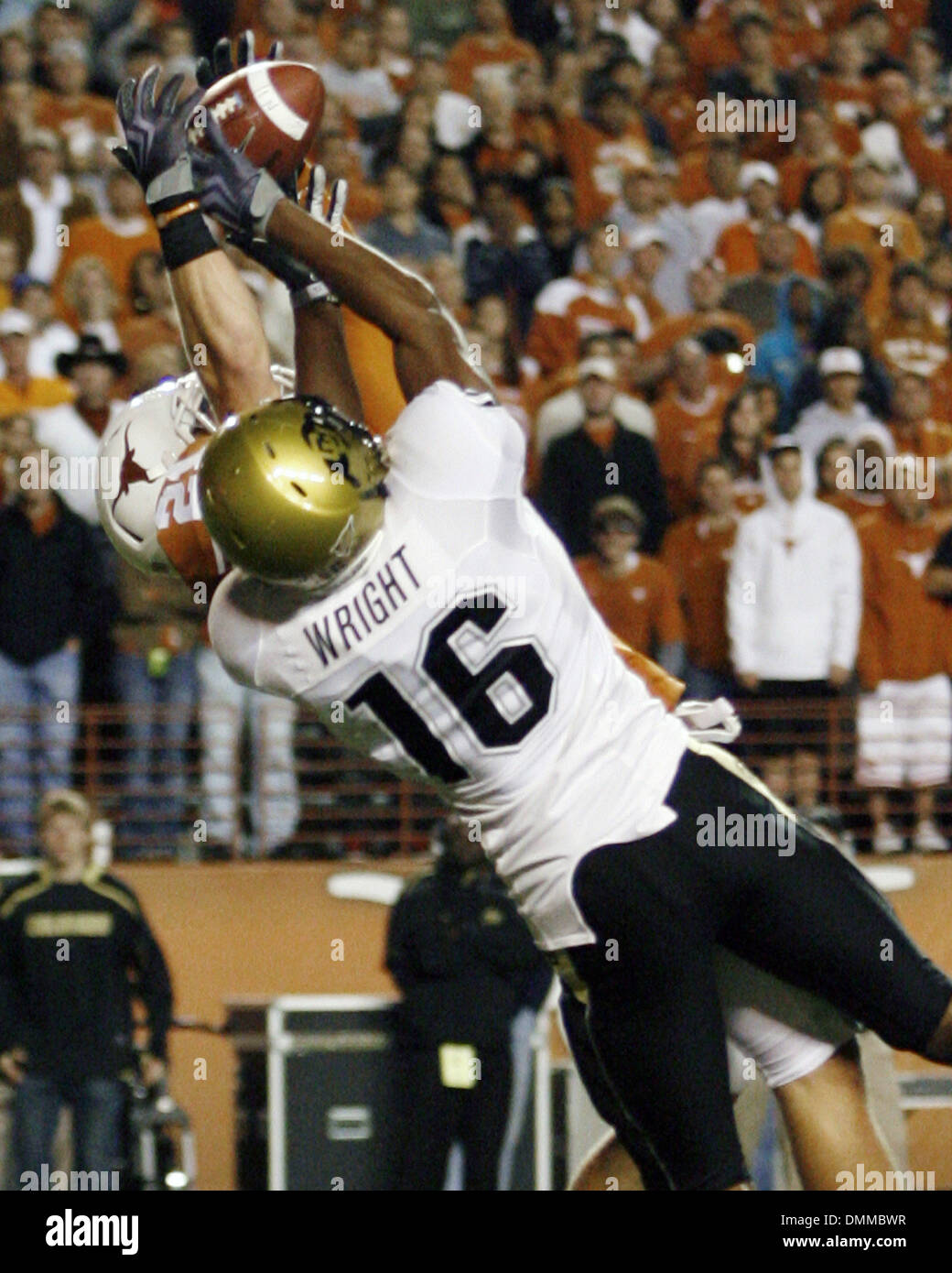 10 OCT 2009: Texas safety Blake Gideon picks off a Cody Hawkins pass to Anthony Wright at the Texas 15 yard line. (Credit Image: © Southcreek Global/ZUMApress.com) Stock Photo