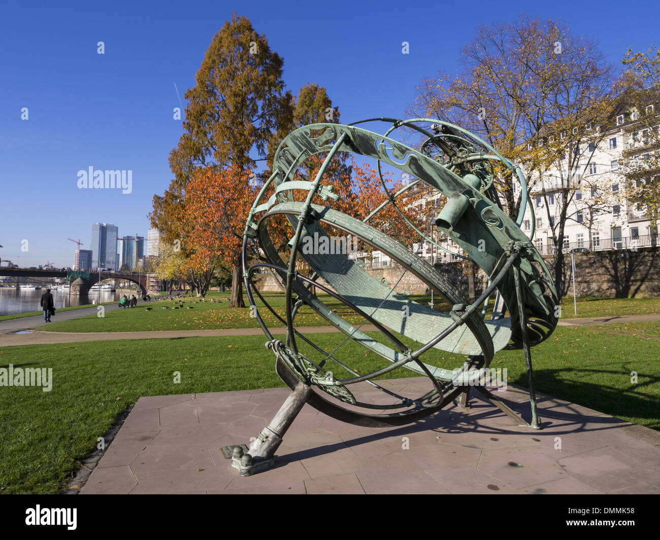 Germany, Hesse, Frankfurt, Equatorial sundial at River Main Stock Photo