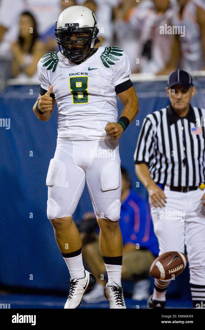 03 September 2009: Oregon quarterback Jeremiah Masoli (8) celebrates after  scoring Oregon's only touchdown during second half action of the Boise  State - Oregon football game. The Boise State Broncos defeated the