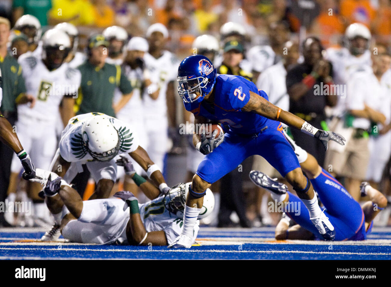 03 September 2009: Boise State's Austin Pettis (2) turns up field after making a reception during first half action of the Boise State - Oregon football  game. The Boise State Broncos defeated the Oregon Ducks 18-9 at Bronco Stadium in Boise ID. (Credit Image: © Southcreek Global/ZUMApress.com) Stock Photo