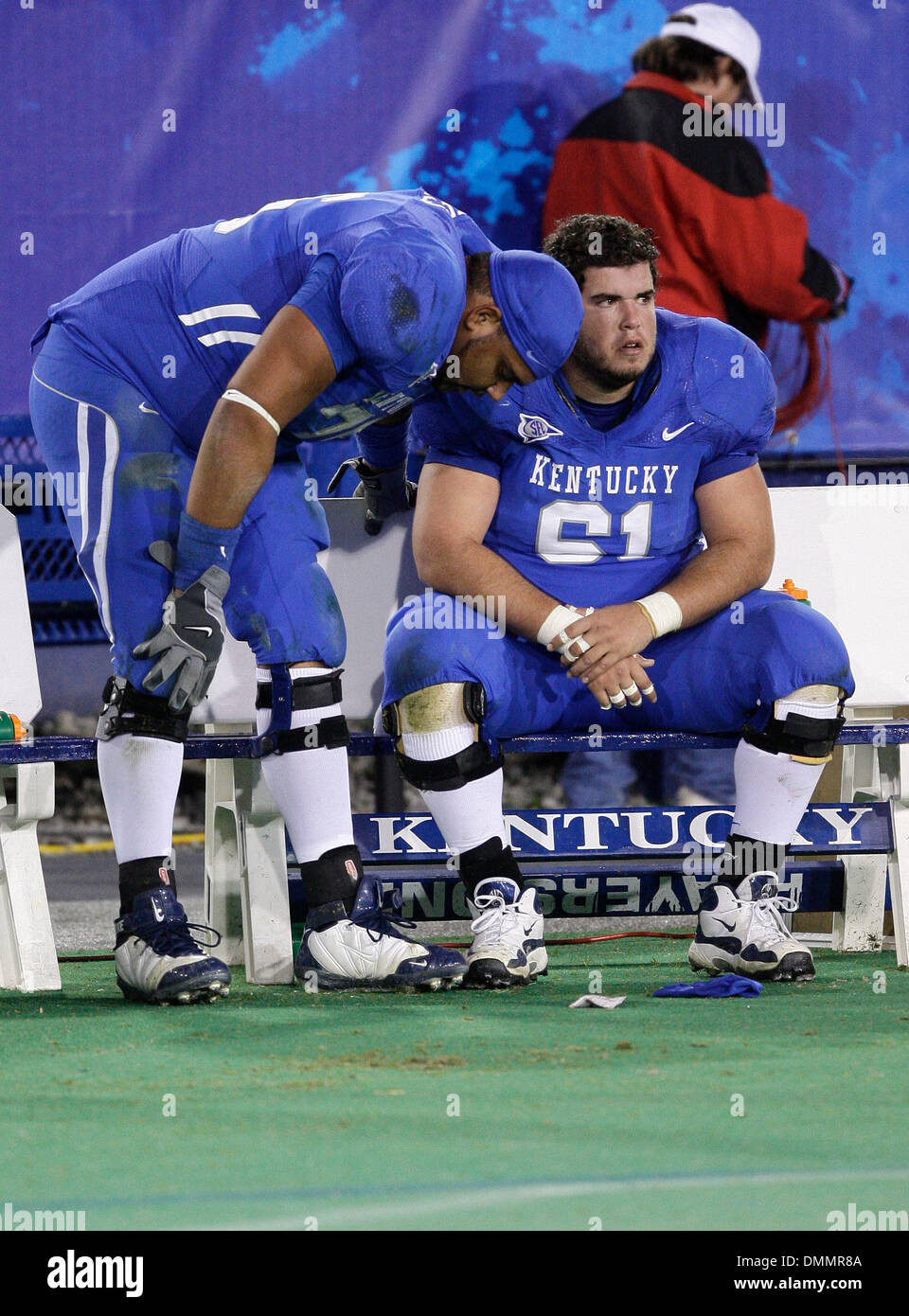 UK senior lineman Justin Jeffries, 76, left, and Jorge Gonzalez,61, sat quietly on the bench after the team left the field as  Mississippi State defeated Kentucky 31-24  on Halloween on Friday October 31, 2009 in  Lexington, Ky. Photo by Mark Cornelison | Staff  (Credit Image: © Lexington Herald-Leader/ZUMA Press) Stock Photo